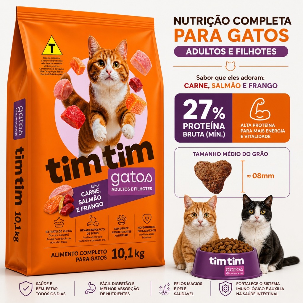Ração Gato Filhote Adulto 10kg Tim Tim Cat Premium Sabor Salmão Carne Frango