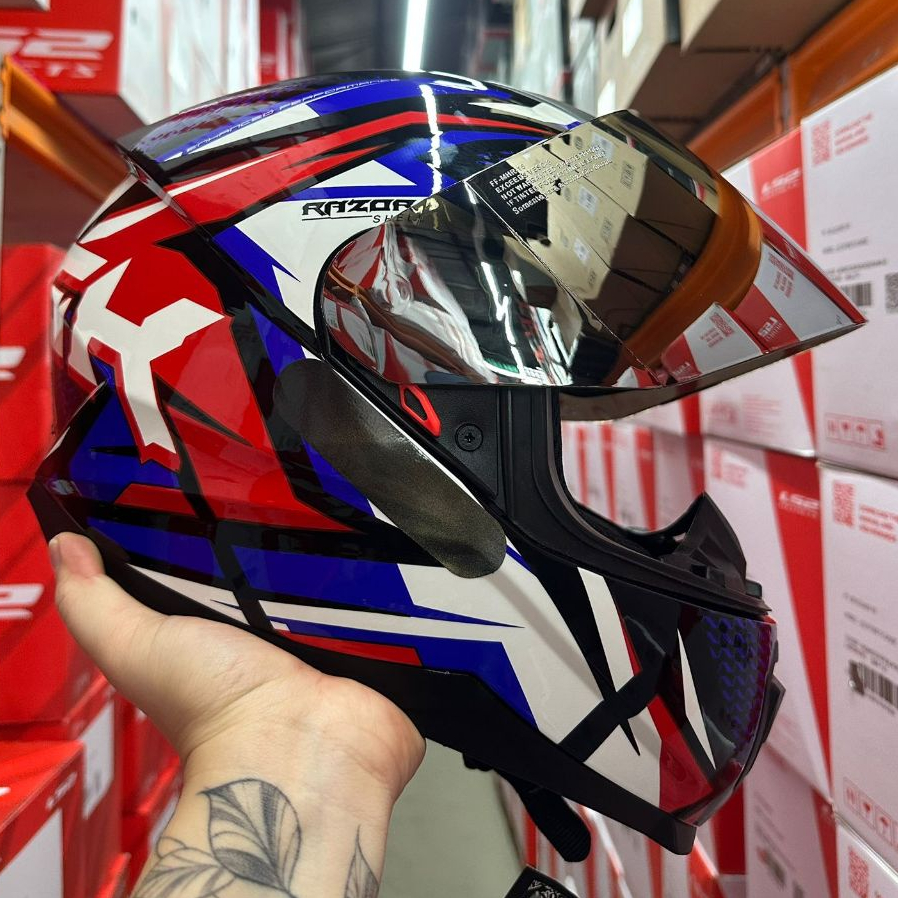 CAPACETE NORISK RAZOR SHARP AZUL VERMELHO MASCULINO FEMININO + VISEIRA CROMADA ESPELHADA E CRISTAL TOP