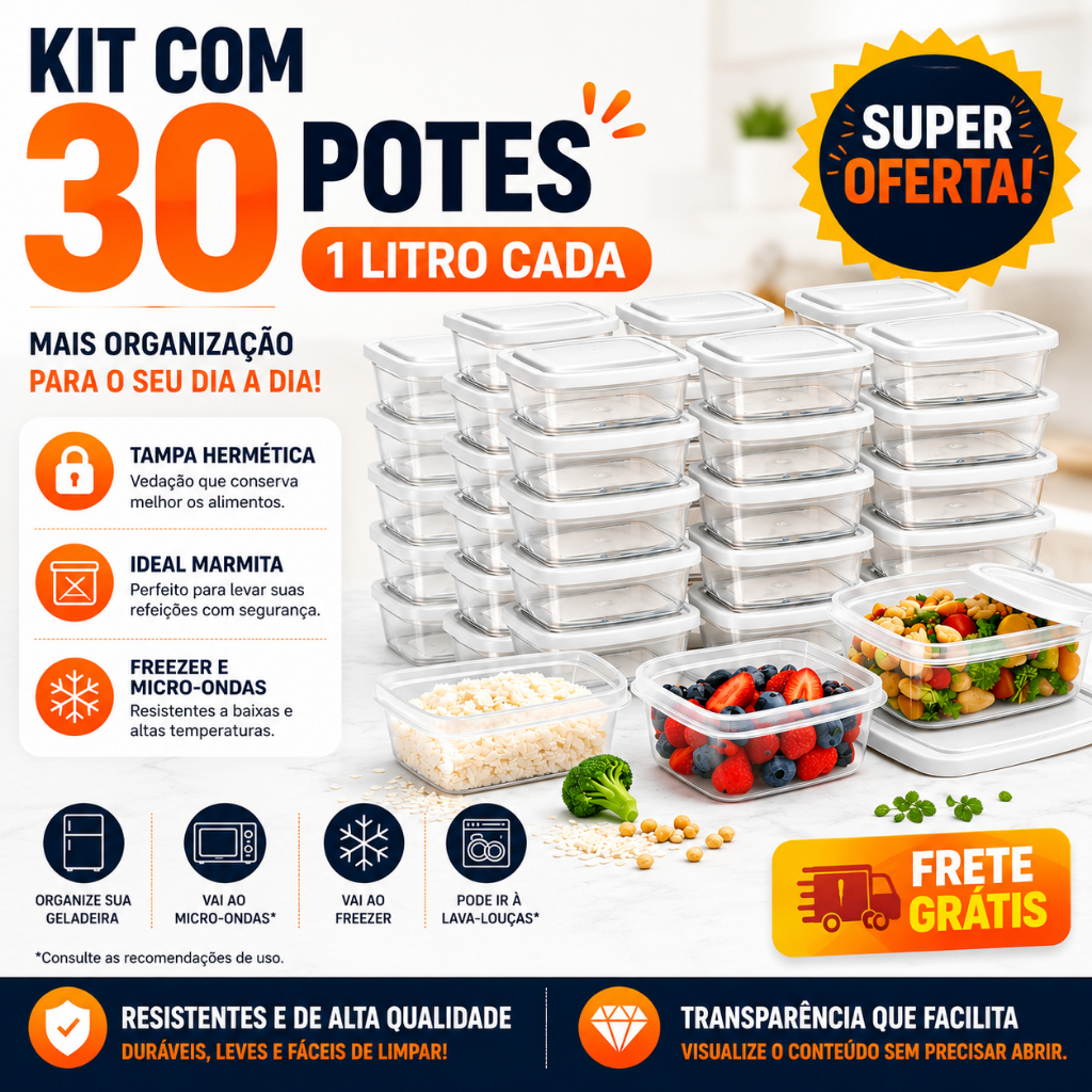 Kit 30 Potes Marmita Transparente 1 KG | Organizador Geladeira Microondas Freezer