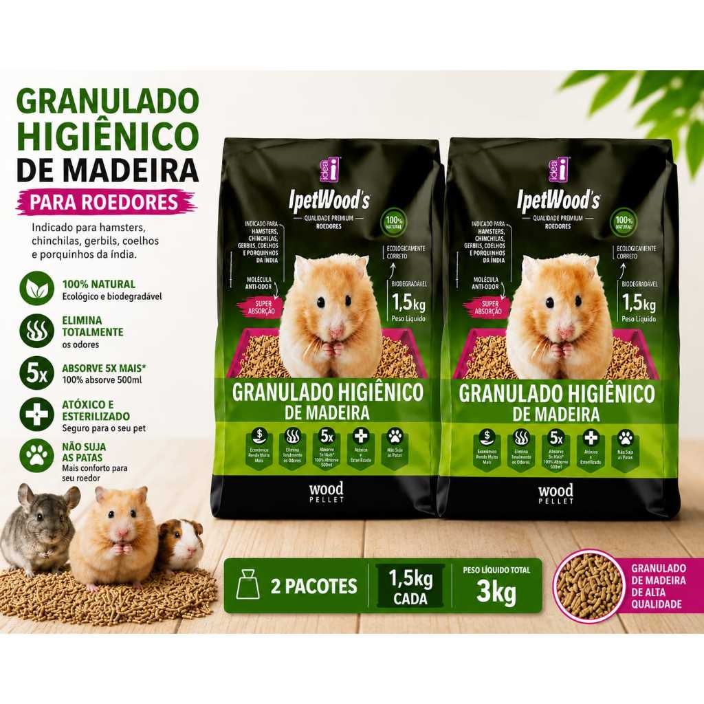 Granulado Higiênico de Madeira para Hamster Porquinho da Índia Coelhos Roedores- 1,5kg ou 3kg