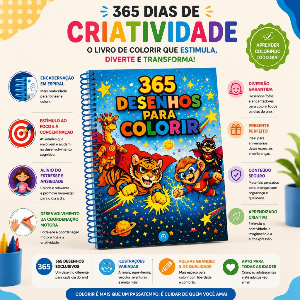 365 Desenhos para Colorir Preto Espiral Livro Educativo Criatividade Coordenação Motora