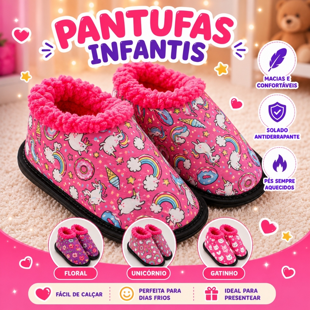 Pantufa Botinha Infantil Menina Peluciada Quentinha Inverno Solado Antiderrapante