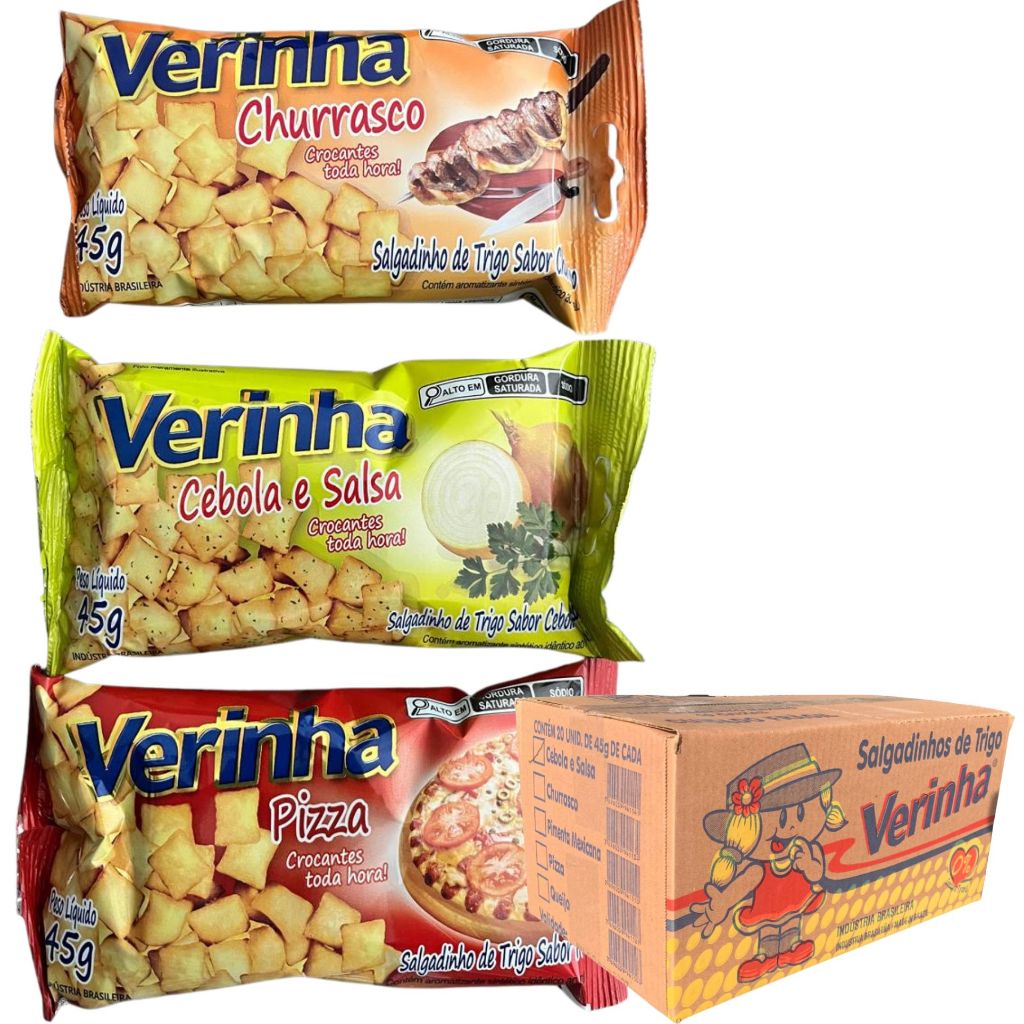 1 Caixa Salgadinho Snacks Verinha 45g (Total 20 Pacotes) Sabores: Pizza, Cebola & Salsa e Churrasco
