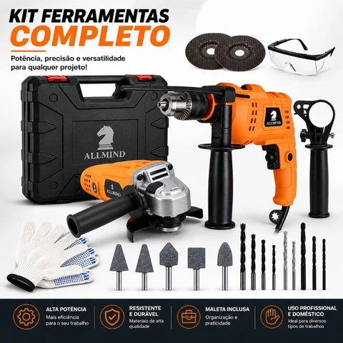 Kit Lixadeira Esmerilhadeira Angular Furadeira de Impacto 10mm e Maleta de Transporte Com Acessórios