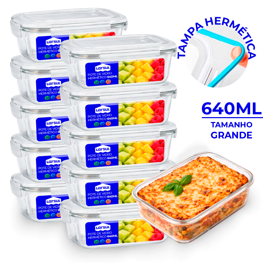 Conjunto 5/10 Potes 640ml Vidro Hermético Mantimentos Marmita Fitness