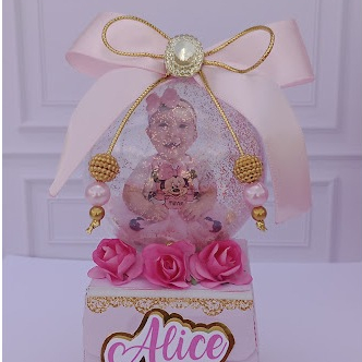 Lembrancinha Luxo Festa Infantil Caixa Esfera Minnie Rosa Personalizada Princesa com Foto
