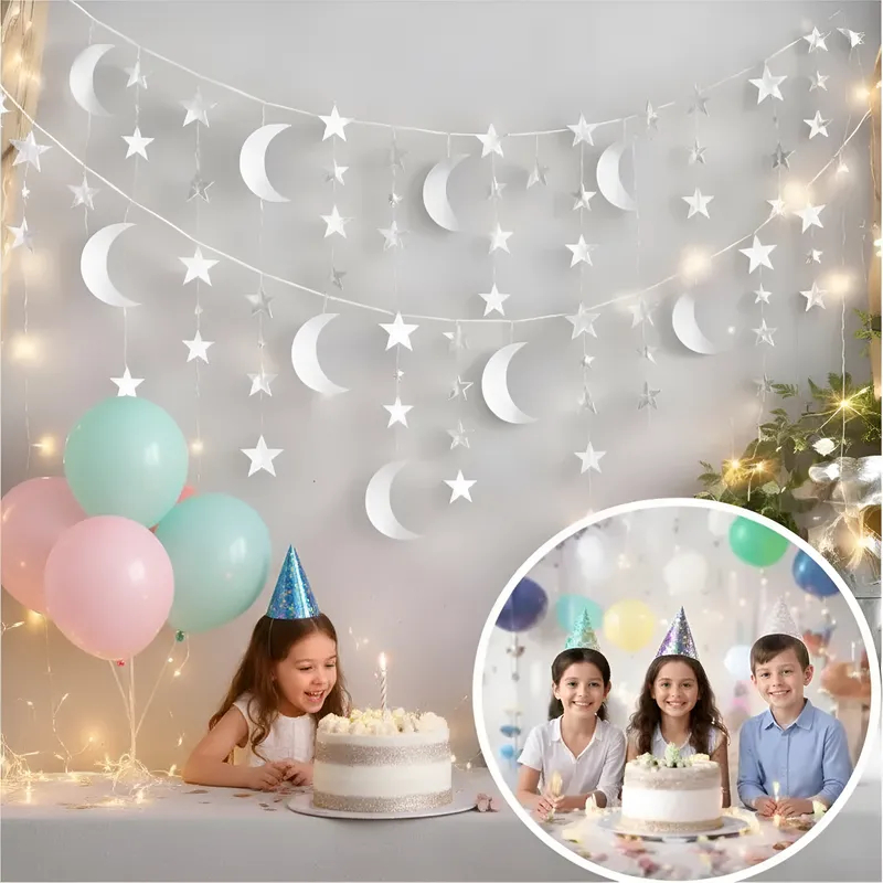 16m de Bandeirinha Luas e Estrelas Prata Decoração Festa Aniversário Decorar Enfeitar Enfeite DIY