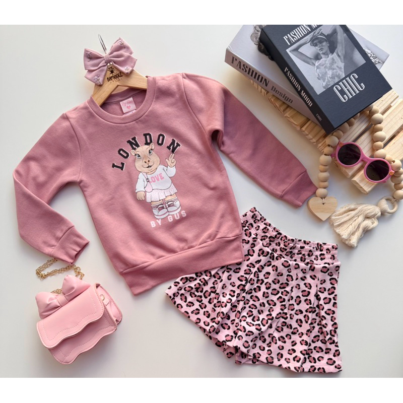 Conjunto Infantil Feminino By Gus Blusa Flanelada e Short Saia Canelado Rosa Fashion inverno