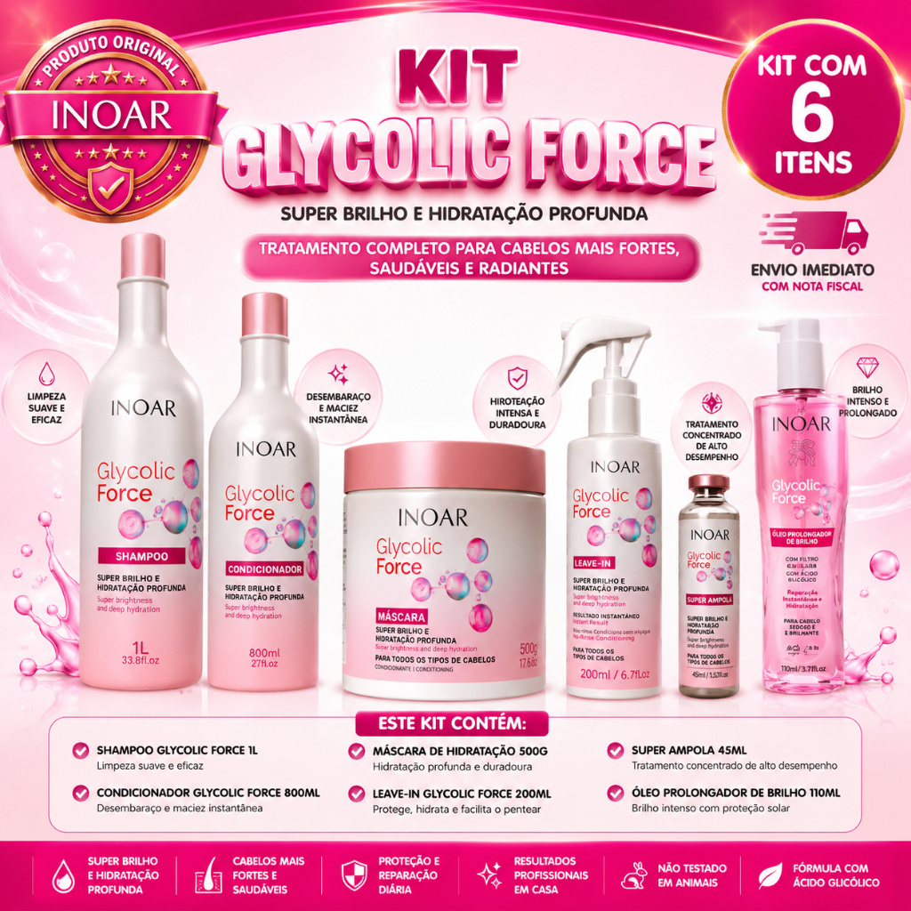 Kit 6 Itens Inoar Glycolic Force Shamp 1L + Condicionad 800ML +  LeaveIn 200ml + Óleo 110ml + Máscara 500g + Ampola 45ml
