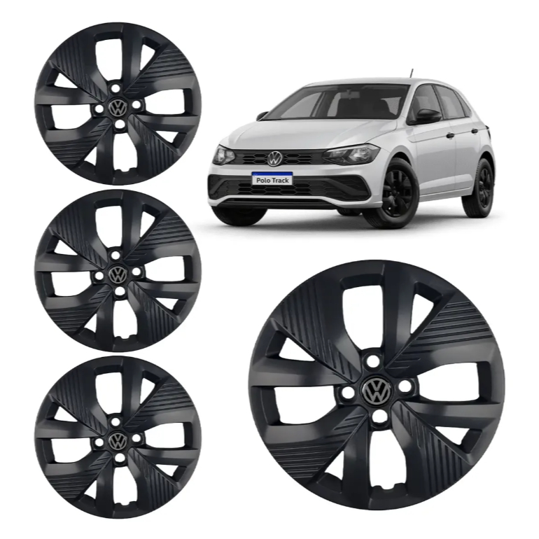 Jogo Calota Aro 15" Preto Fosco Mod Polo Track 2021 a 2025 + Emblema