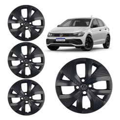 Jogo Calota Aro 15" Preto Fosco Mod Polo Track 2021 a 2025 + Emblema