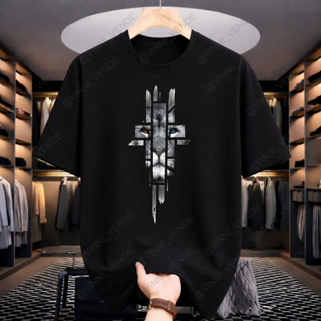 Camiseta Masculina Evangélica Cristã Estampa Leão Cruz Lançamento Camiseta Basica Casual 100% Algodão Premium
