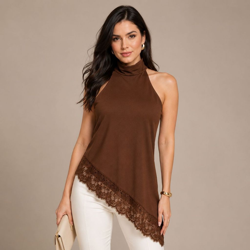 Blusa Feminina Gola Alta Assimétrica Frente Única Com Renda Bata Elegante Tendência Inverno Suplex