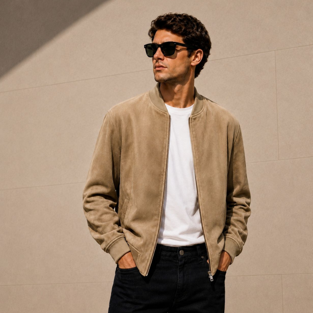 Jaqueta Suede Bomber Masculina Com Bolso e  Ziper Frontal