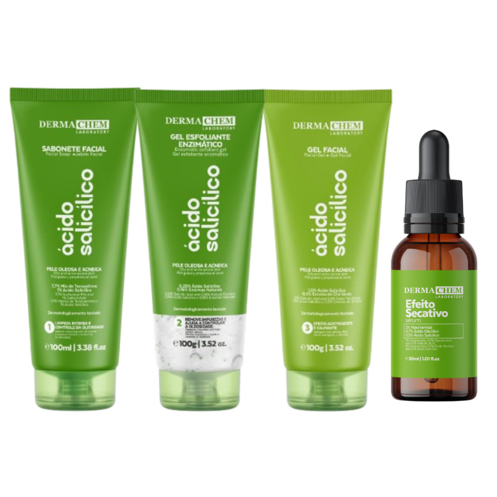 Kit Skincare Salicílico Dermachem: Sabonete Facial + Esfoliante + Gel Hidratante + Sérum Secativo