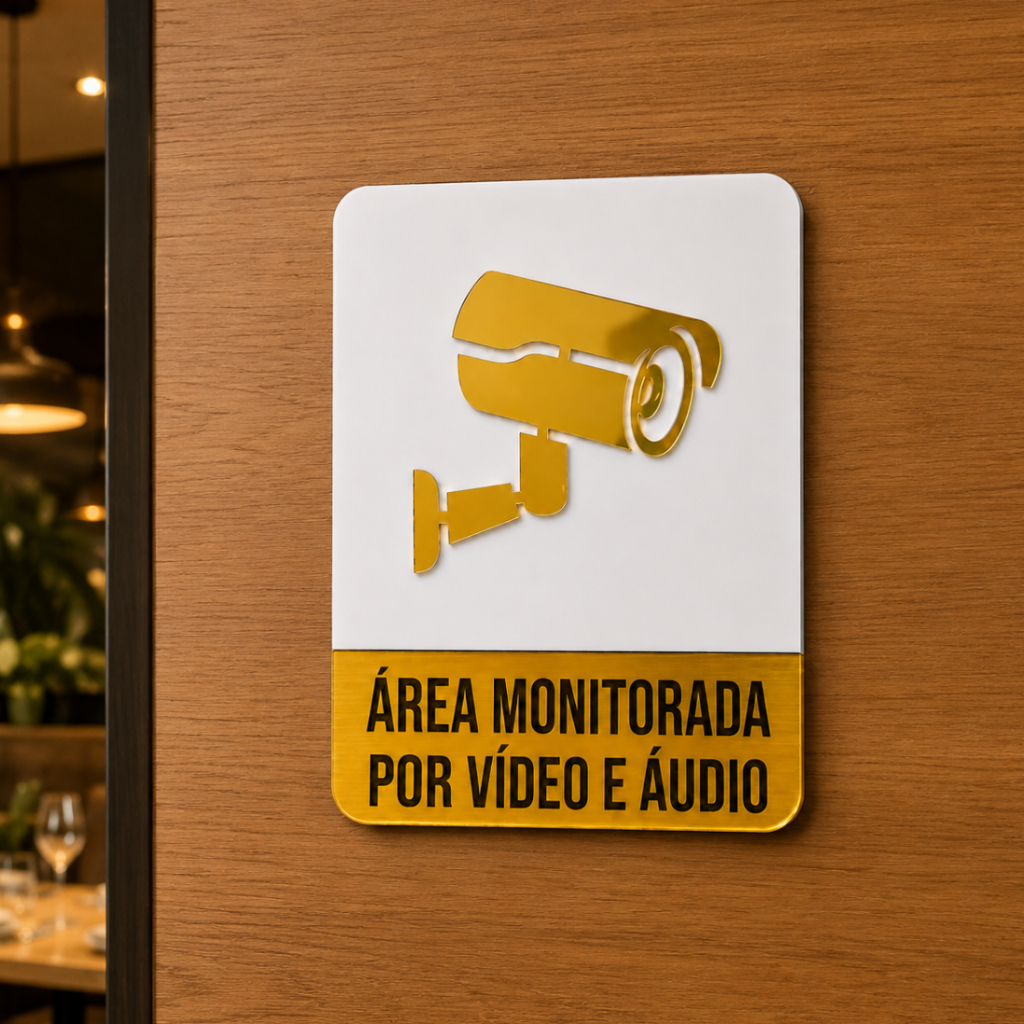 Placa de Sinalização Área Monitorada por Vídeo e Áudio Câmeras em Acrílico 17x13cm