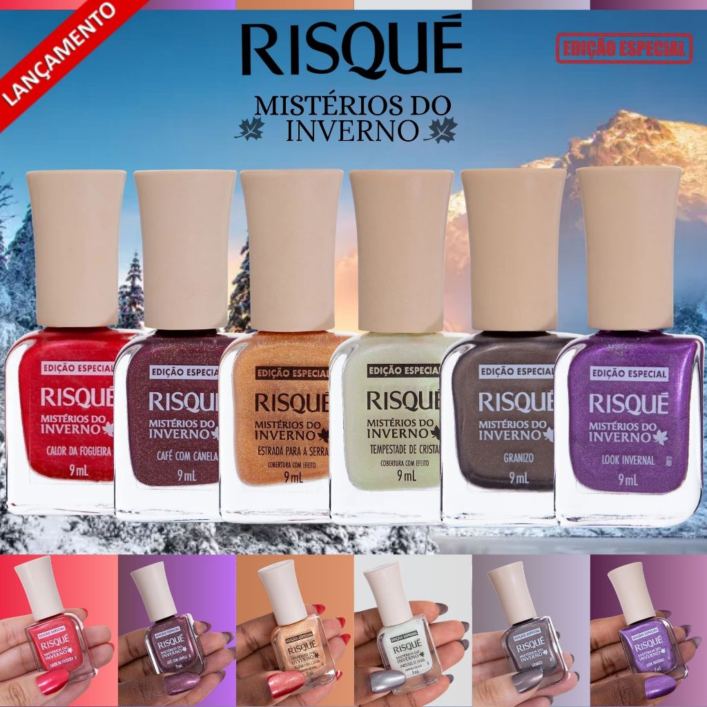 Kit Esmaltes Risqué Mistérios do Inverno Coleção Especial Lançamento 9ml 4 Esmaltes + 2 Coberturas com Efeito