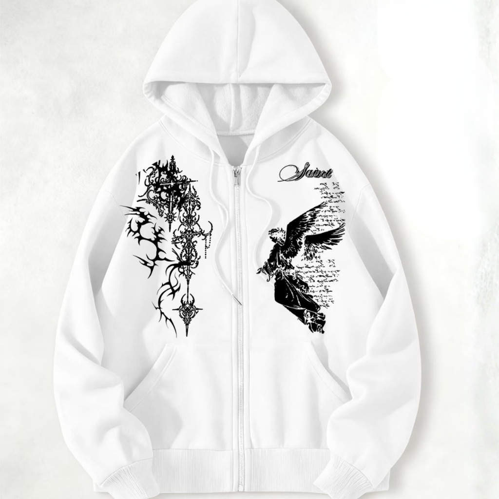 Moletom Dark Aesthetic Zíper Estampa Arcanjo Gothic Oversized Unissex