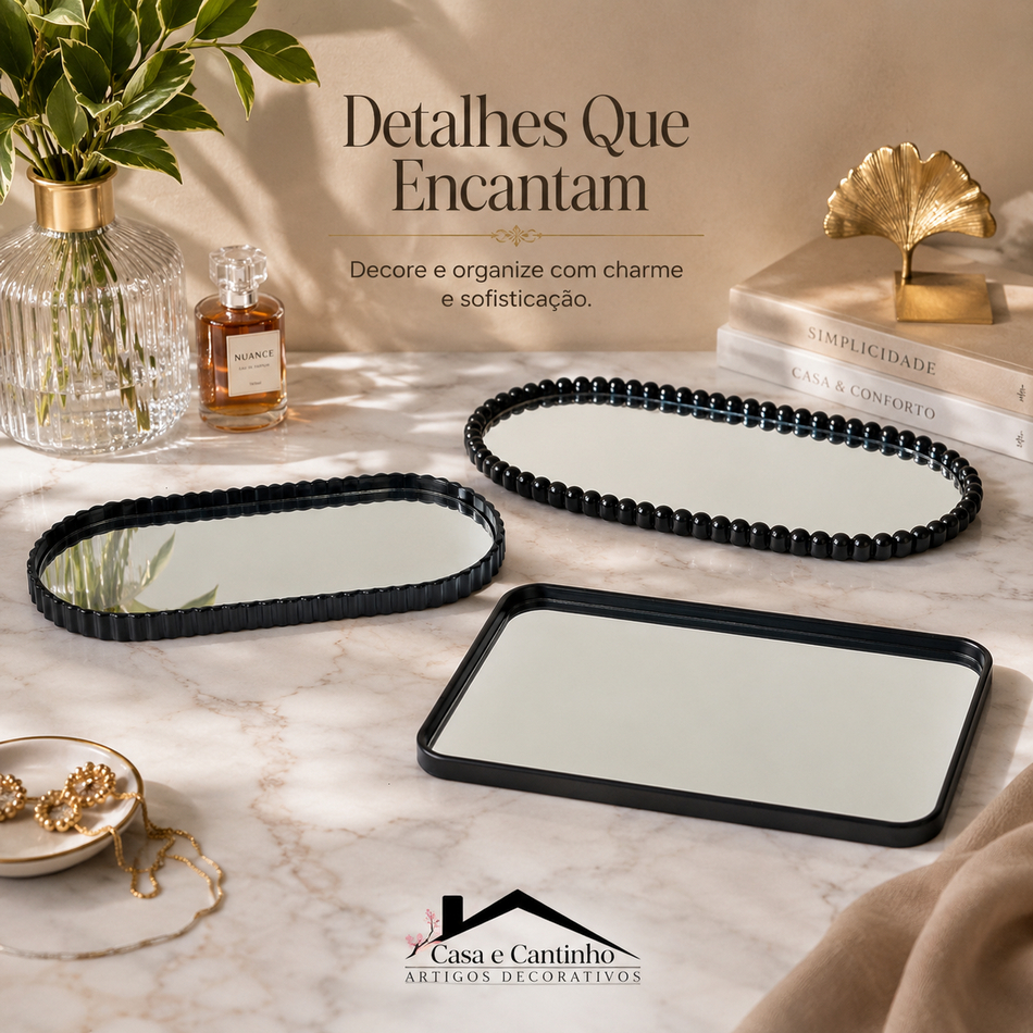 Bandeja Espelhada Banheiro Lavabo Bandeja Decorativa Multiuso Preta Dourada ou Prata