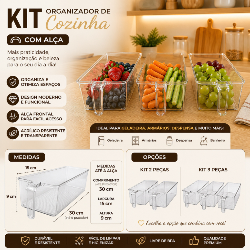 Kit Organizador De Geladeira Plastico Com Alça Puxador Multiuso Transparente Cozinha Armário
