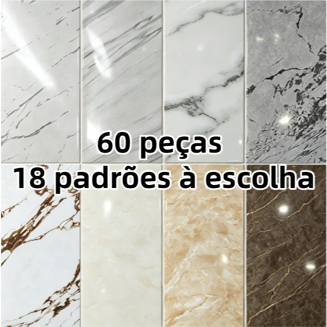 kit 60 Placa Marmore de Parede Adesivo 3D 30cm x 60cm Vinílico Lavável Revestimento Papel Painel