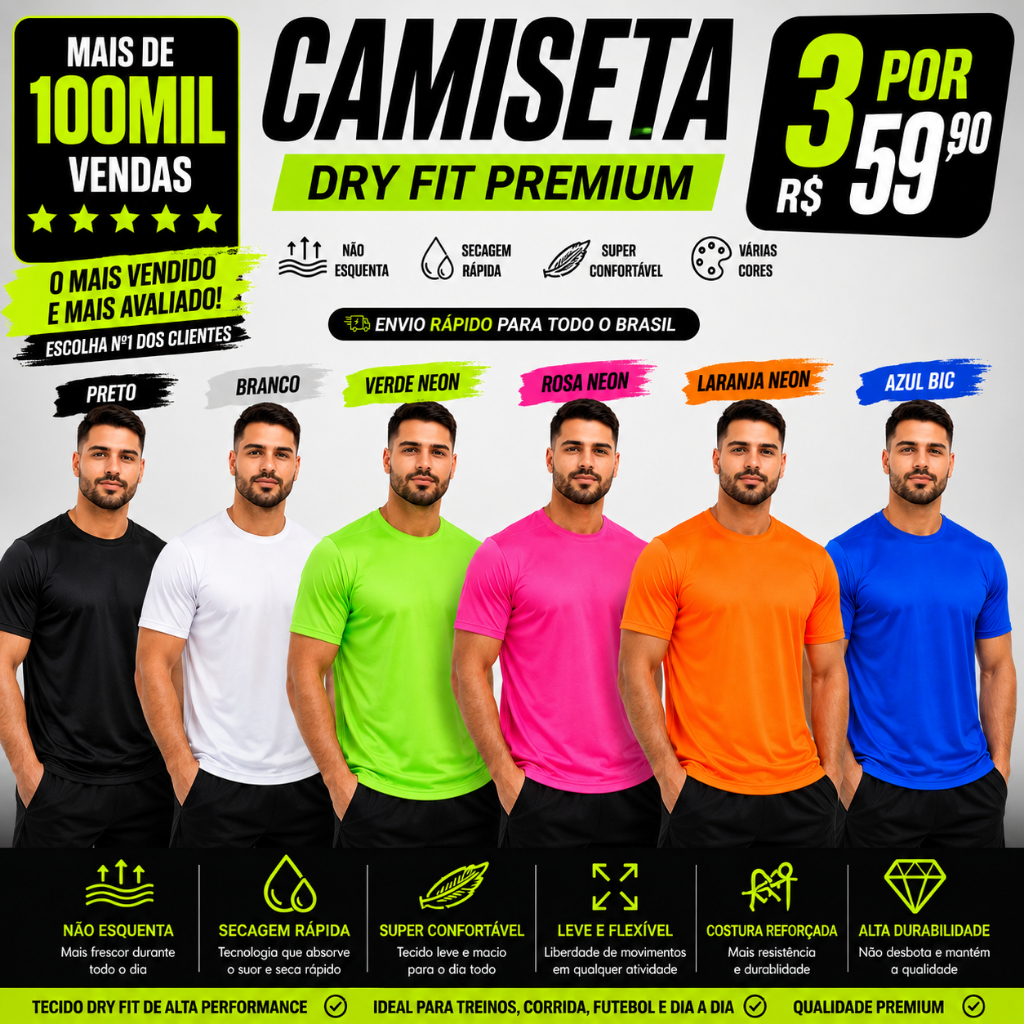 Camiseta Masculina Dry Fit Academia Fitness Não Esquenta Secagem Rápida Treino Corrida Confortável