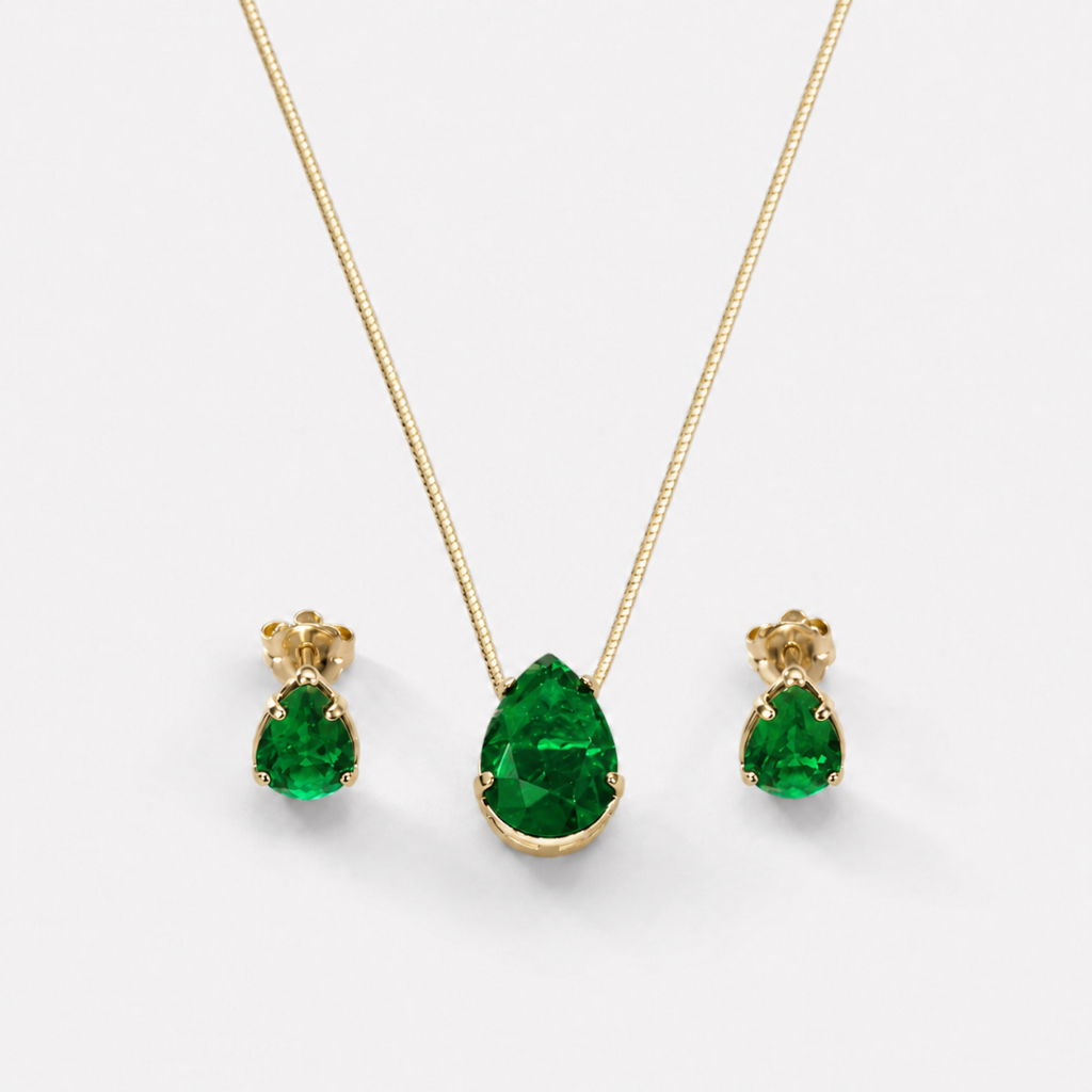 Kit Colar e Brinco Gota Feminino Folheado a Ouro e Prata Azul Cristal Vermelho Verde Esmeralda