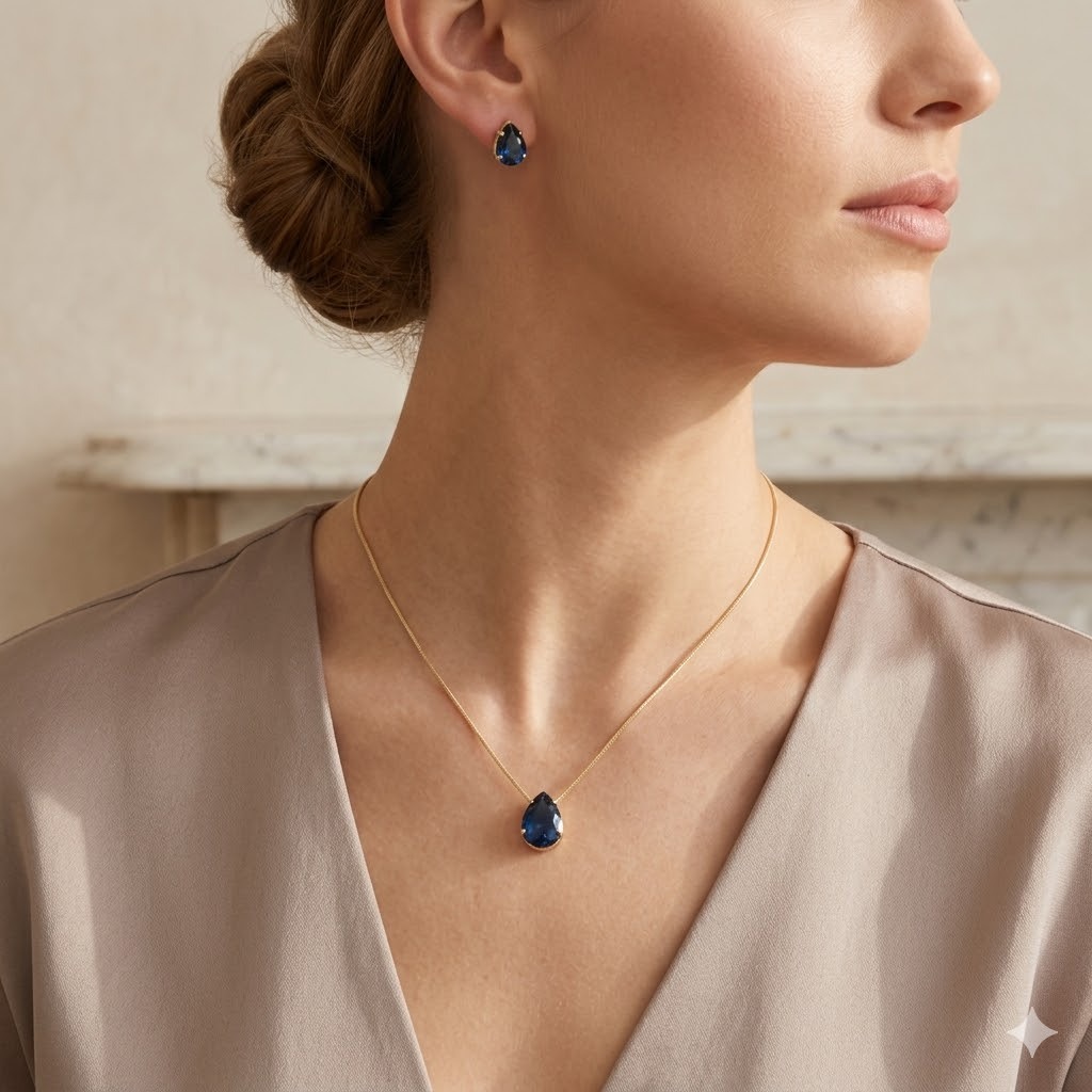 Kit Colar e Brinco Gota Feminino Folheado a Ouro e Prata Azul Cristal Vermelho Verde Esmeralda — imagem 2 de 2