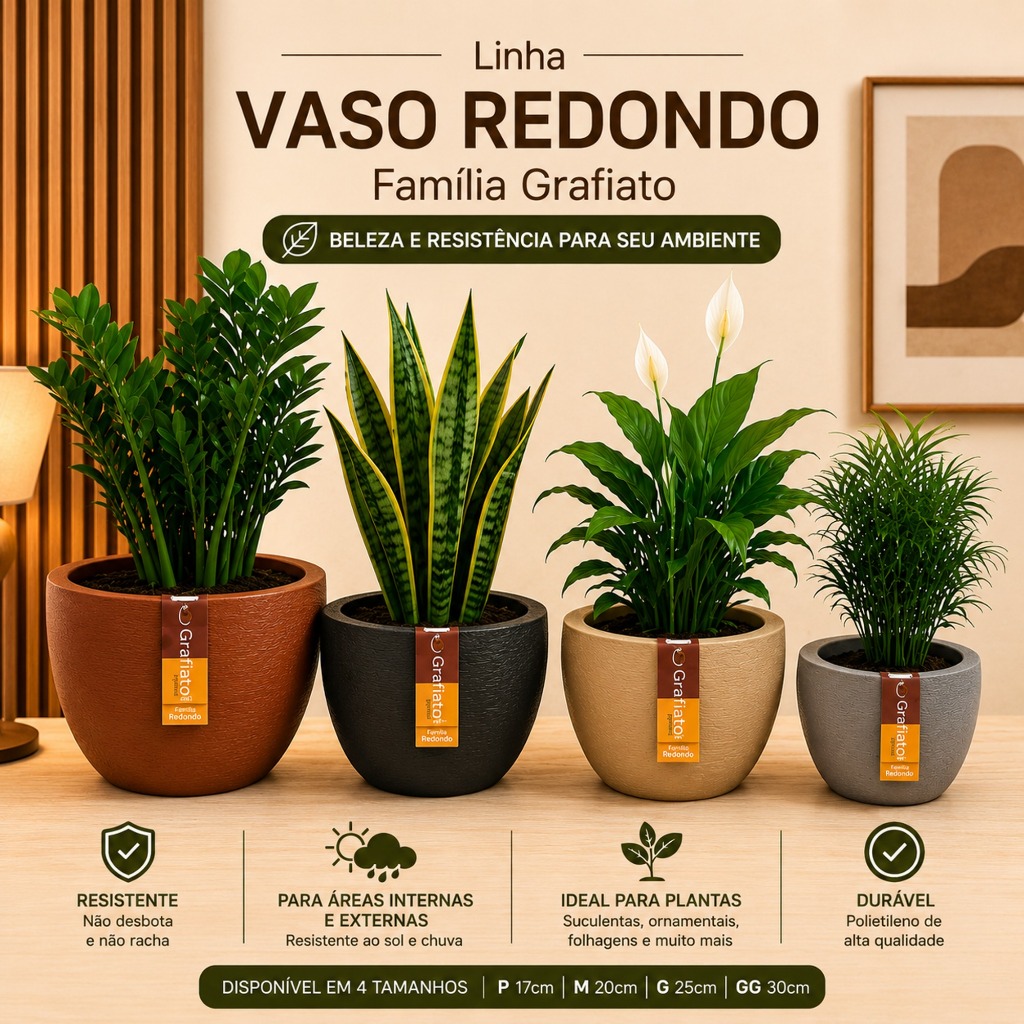 Vaso de Planta em Polieteno Decorativo Redondo Grafiato