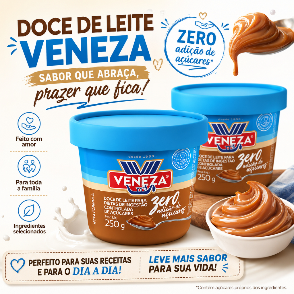 2 Doces de Leite Zero Adição de Açúcares 250g - Veneza - O melhor Do Brasil