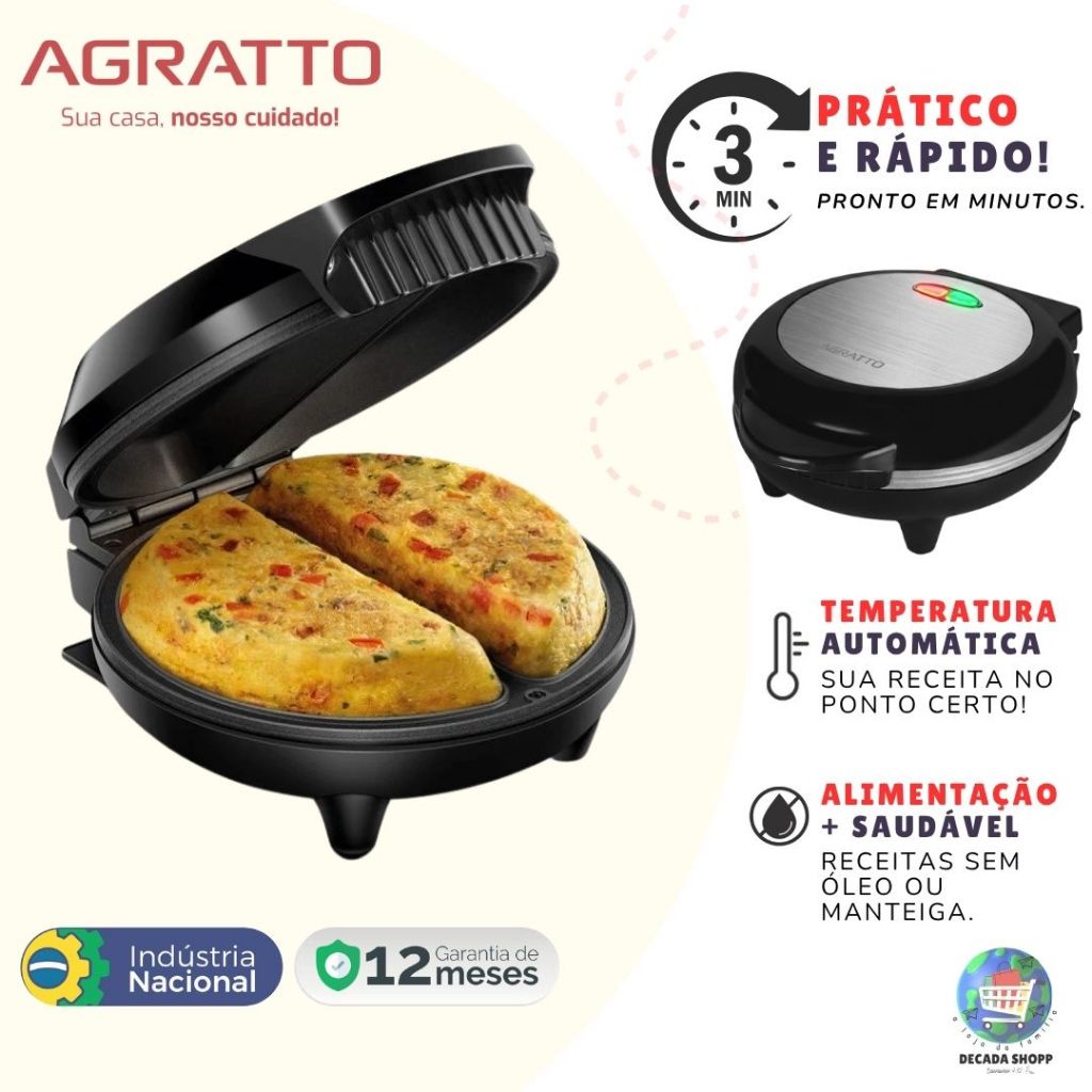 Imagem Omeleteira Elétrica Agratto 127V/220V Antiaderente 800W Inox Dupla Luz Piloto Porta Fio - 2 Omeletes