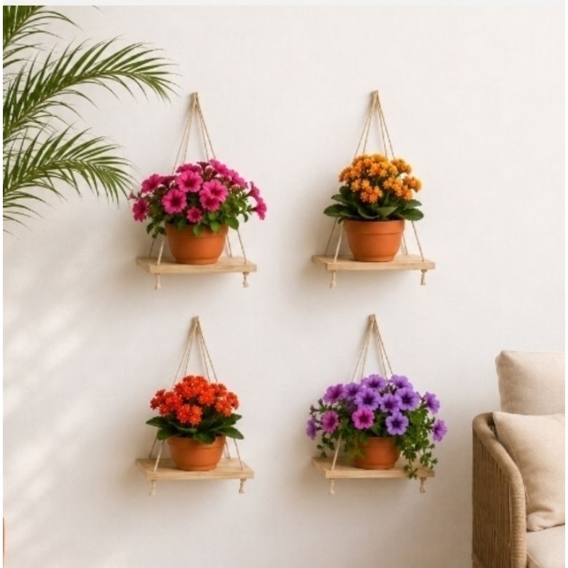 KIT 4 Prateleiras 15×13 cm suspensa com cordas em madeira pinus para plantas objetos enfeites suculentas
