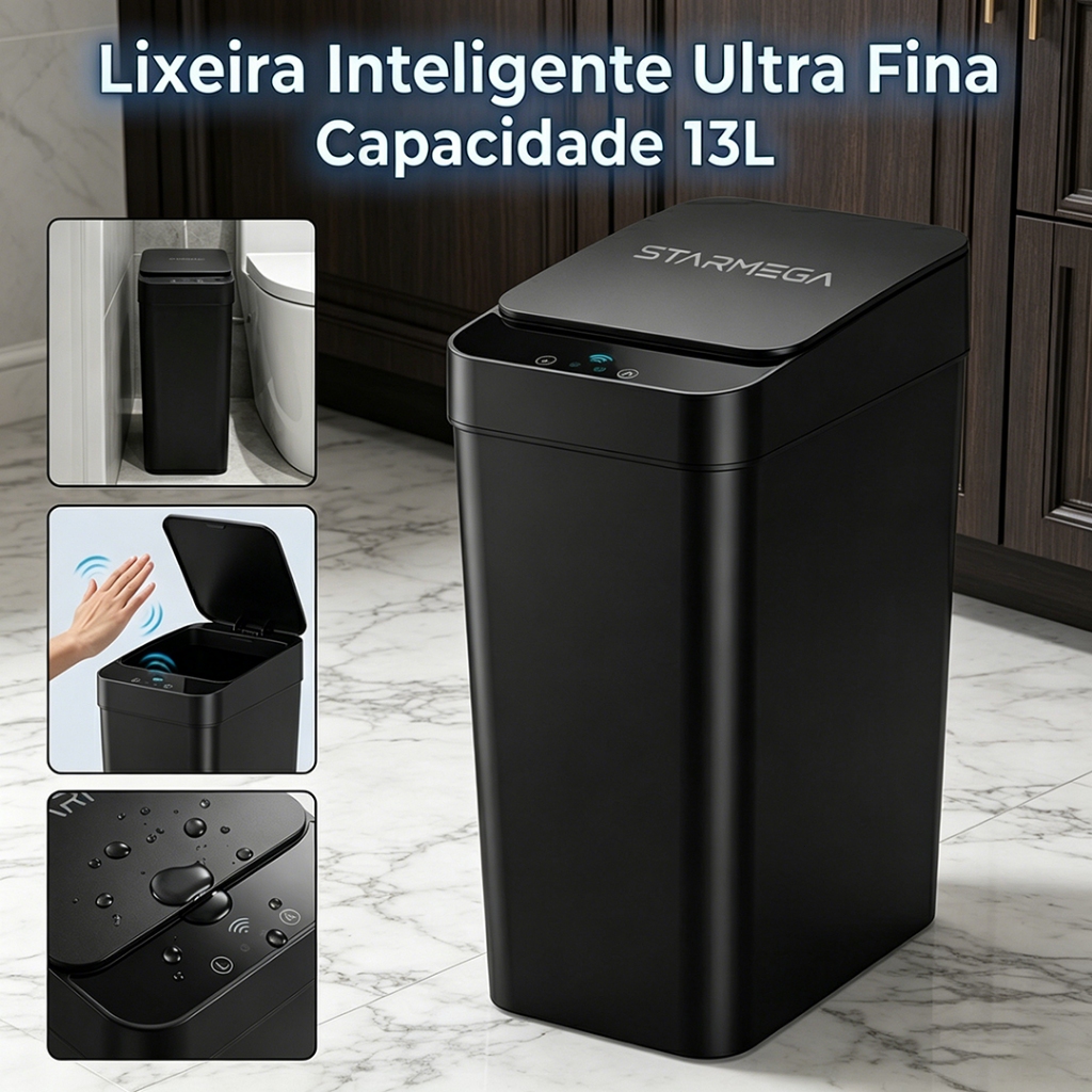 Lixeira Automática 13L Sem Toque com Sensor Infravermelho Tampa Anti-Odor para Casa e Escritório