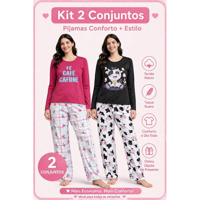 Kit 2 Pijamas Longo Infantil Juvenil Feminino Manga Longa Calça Estampado Sortido Confortável