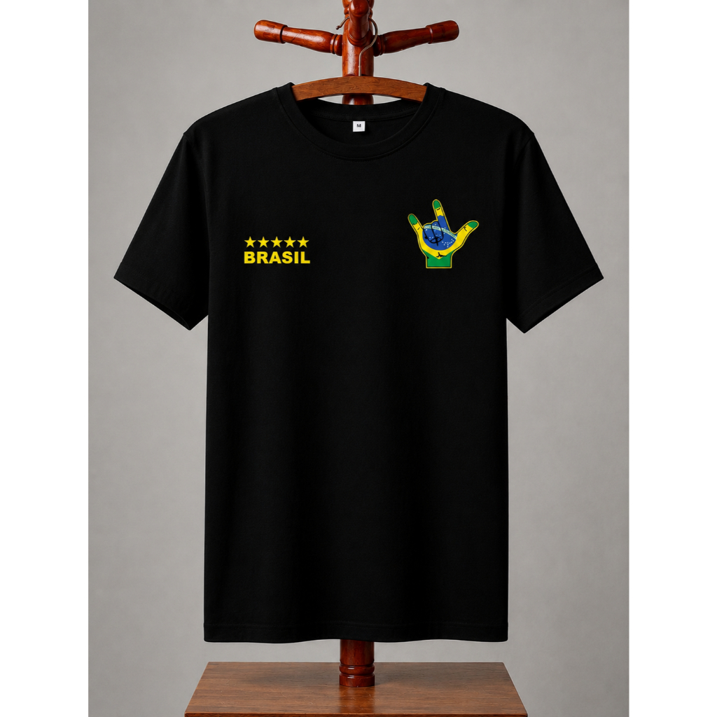 Camiseta Preta Seleção de Futebol Camisa de Campo Toque Fresco LIBRAS Mãos Bandeira Básica Conforto Dia a Dia Unissex