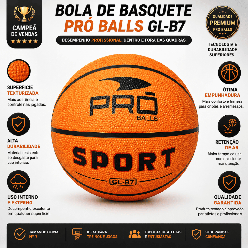 Bola de Basquete Pró Balls Oficial Nº7 Laranja Resistente Treino Jogo Quadra Indoor Outdoor