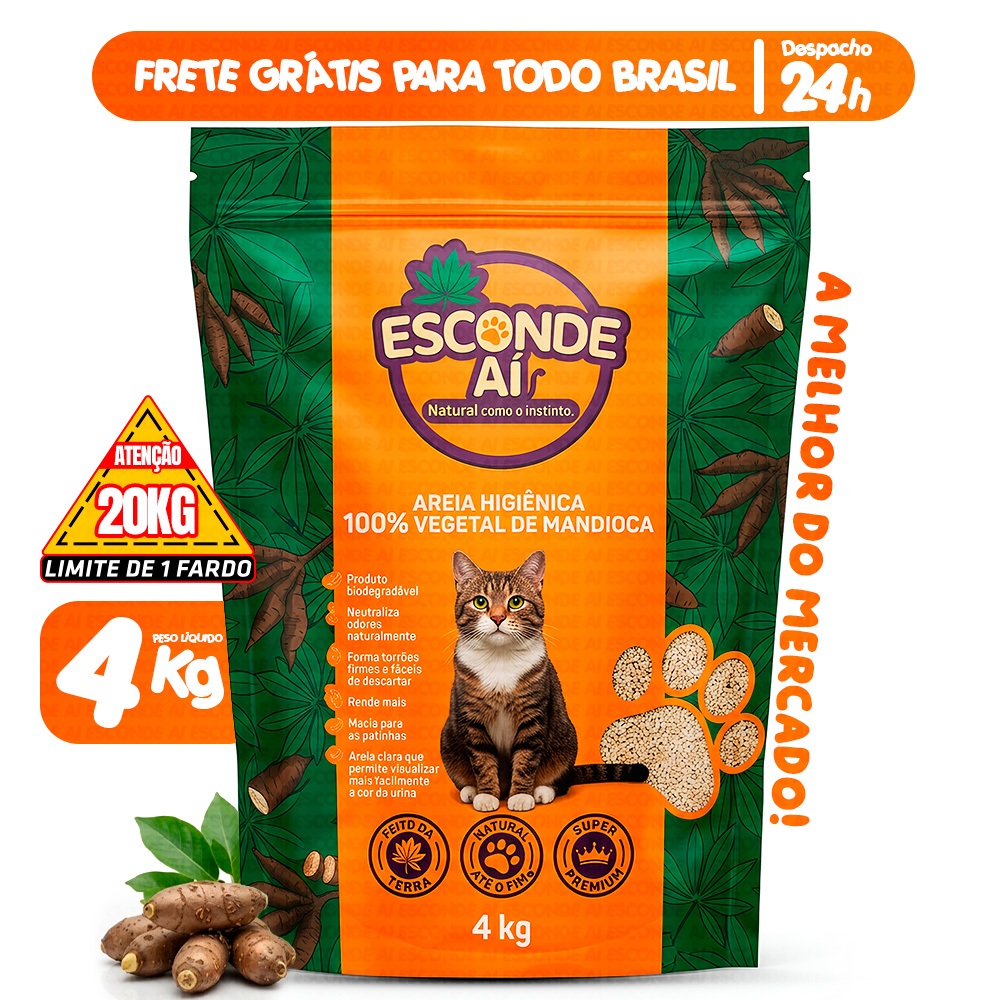 Areia Higiênica de Mandioca Biodegradável Esconde Aí 4KG a 16KG Granulado Sanitário de Gato Natural