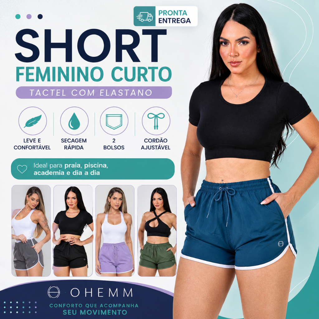 Shorts Feminino Elastano com Bolso Academia Praia Laser