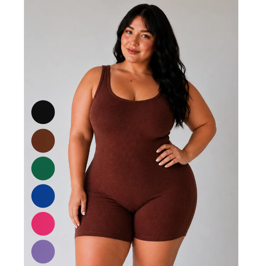 Macaquinho Plus Size Canelado Macacão Curto Feminino Estiloso Casual