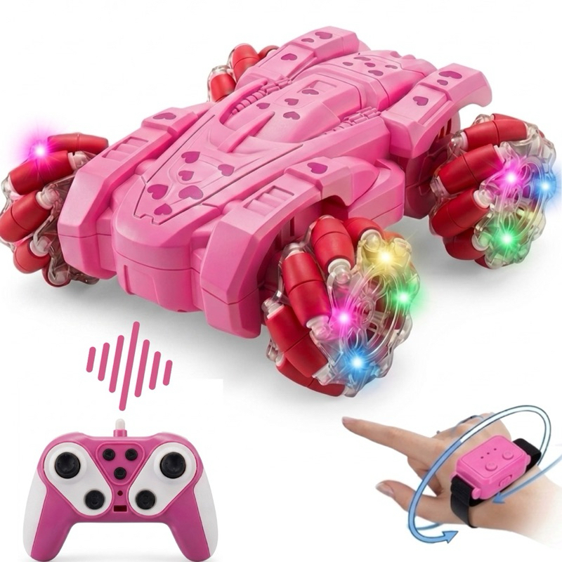 Carro Controle Remoto Infantil Rosa LED Drift 360° Com Pulseira Gestual e Controle Recarregável