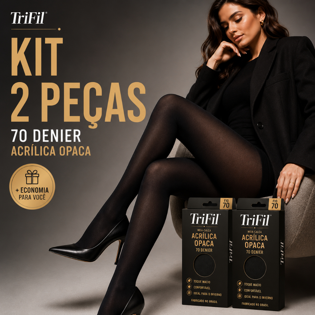 Kit 2 Meia Calça Trifil Fio 70 Acrílica Opaca Preta Inverno