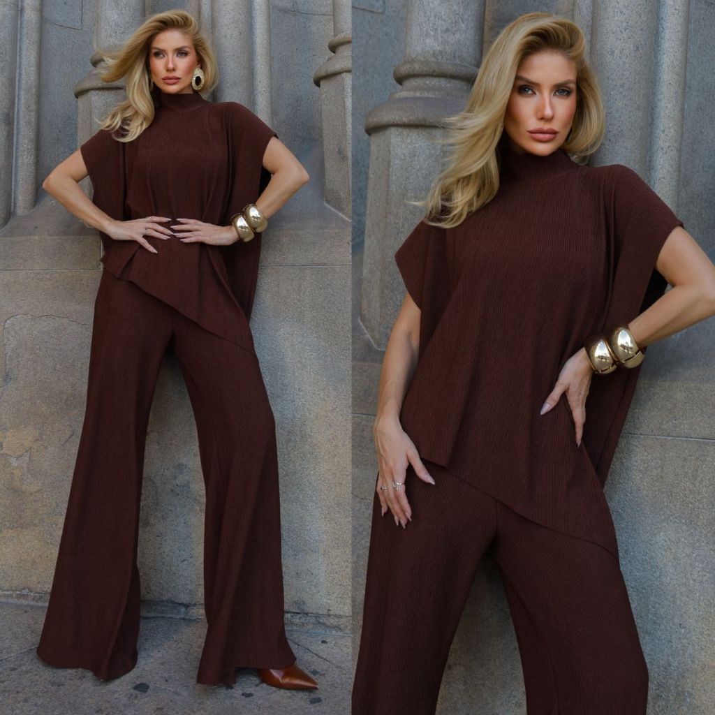 Conjunto Feminino Soltinho Blusa Assimétrica com Gola Elegante Calça Pantalona Confortável Malha