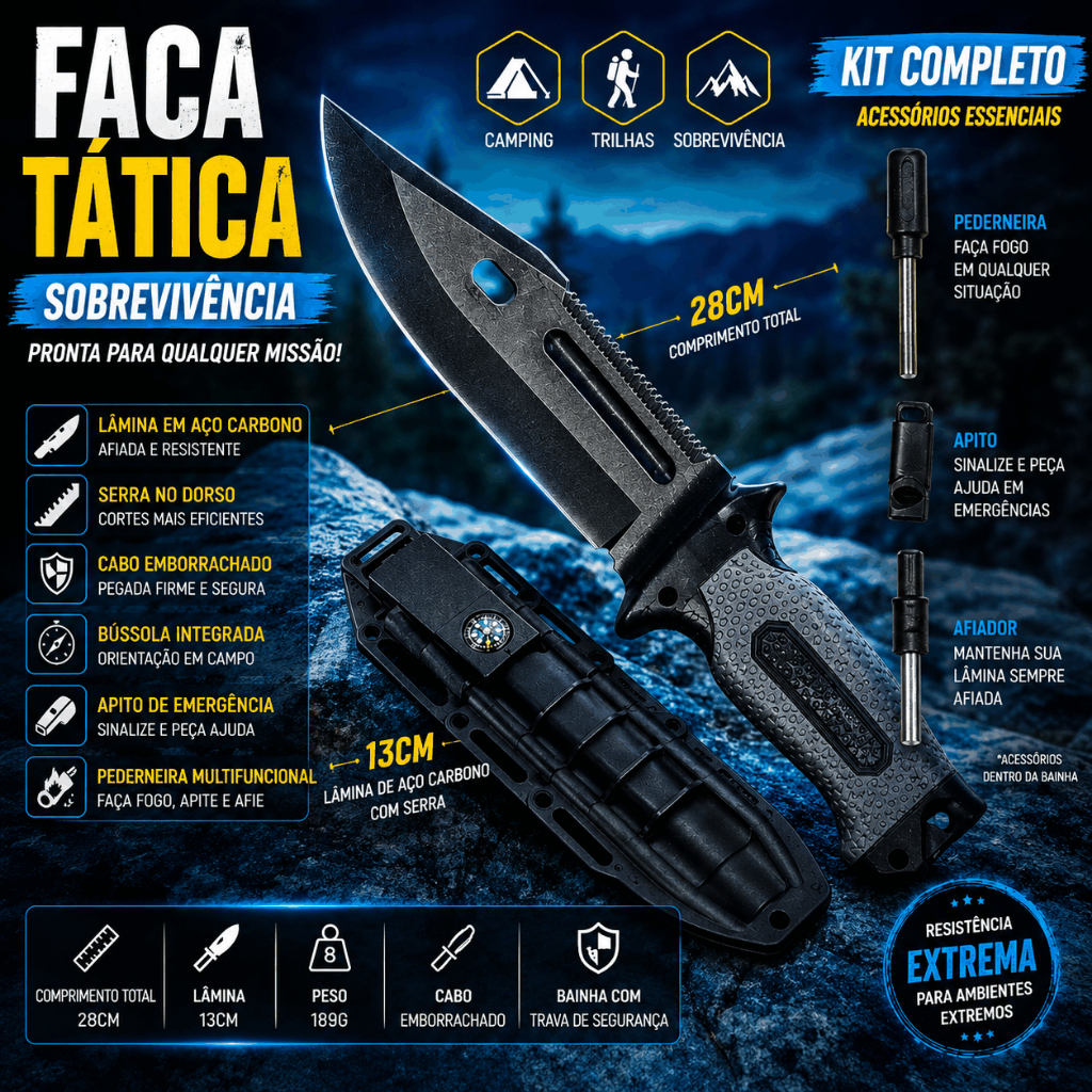 Faca Tática Militar Sobrevivência Aço Carbono Com Bainha Pederneira E Quebra Vidro
