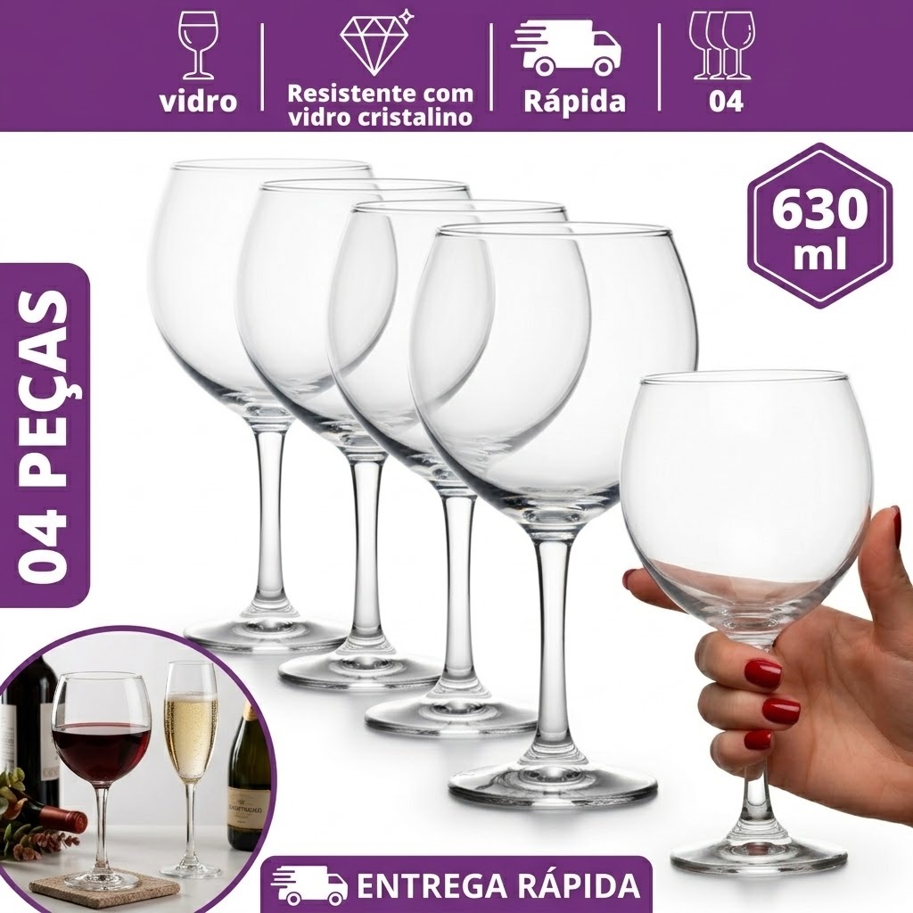 Kit Jogo 4 Taças Para Vinho e Coqueteis Modelo Gyn Eden Vidro de Qualidade com 630 ml Elegante