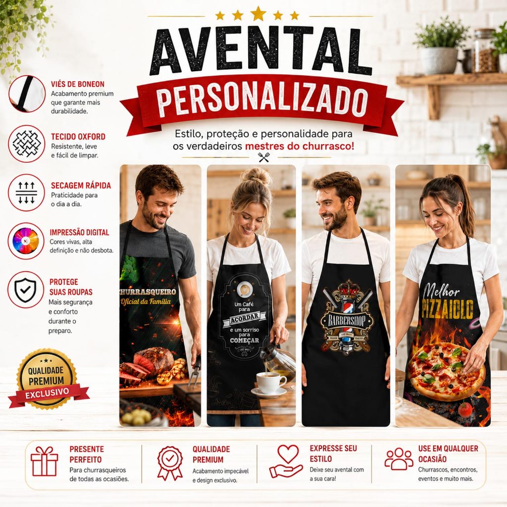 Avental Personalizado Cozinha Churrasqueiro Barbeiro Barman Oxford