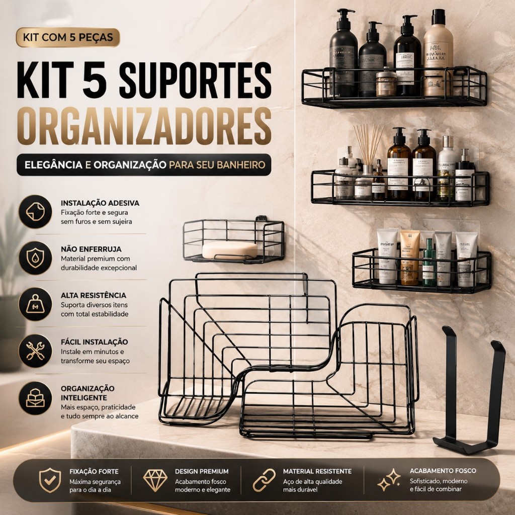 Kit 5 Suporte de Banheiro Alto Adesivo Organizador de Parede