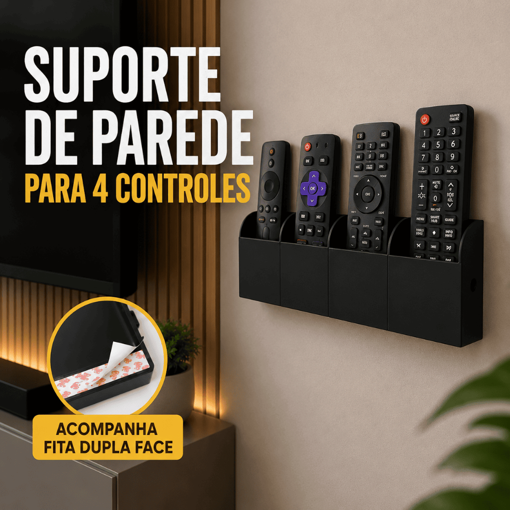 Suporte Controle Remoto Parede 4 Controles Organizador Sala Fita Dupla Face Universal Sem Furo