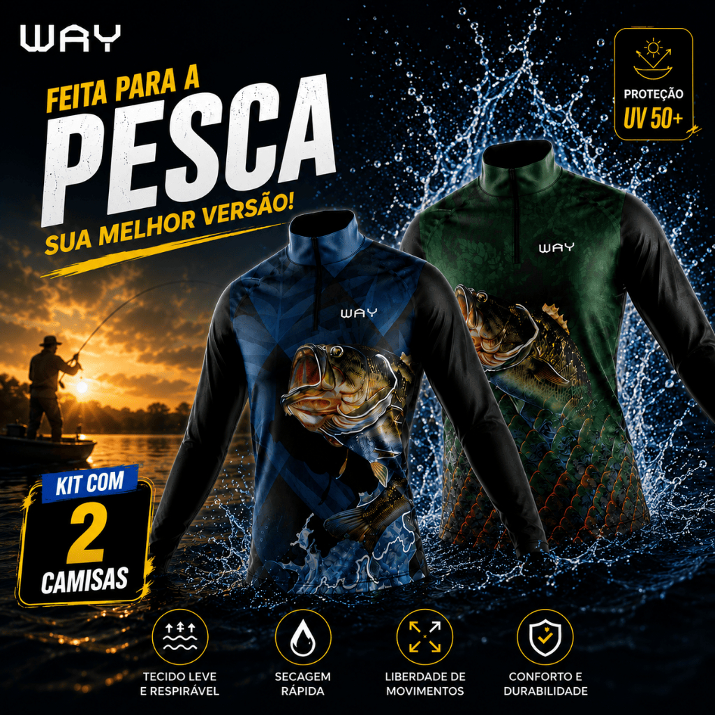 Kit 2 Camisas de Pesca Manga Longa Masculina com Proteção UV50+ Pescaria Tucunaré Black Bass