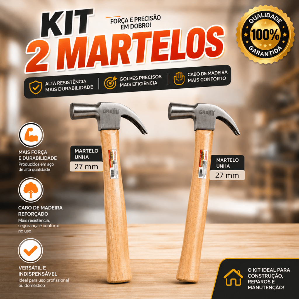 Kit 2 Martelo Unha Cabo Madeira Aço Carpinteiro Marceneiro Resistente Profissional Obra Atacado