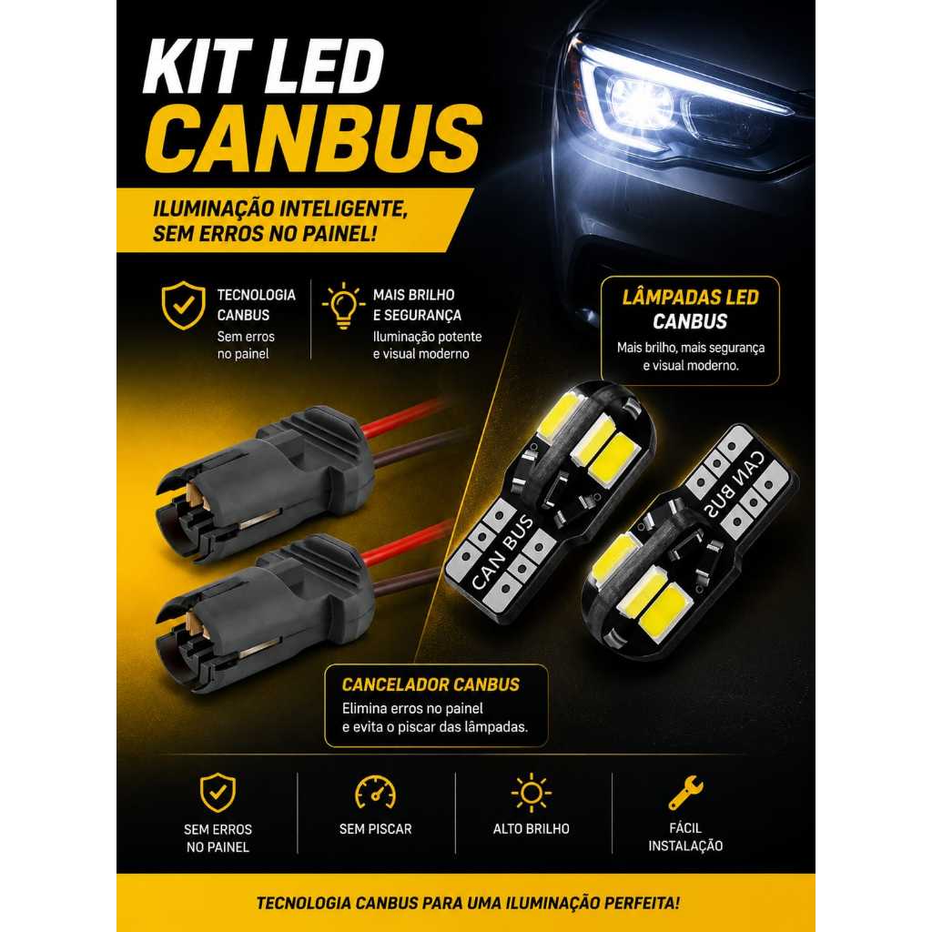 KIT 2 LAMPADA T10 CAMBUS 8 LED CANCELLER BRANCO 12V + PAR SOQUETE T10